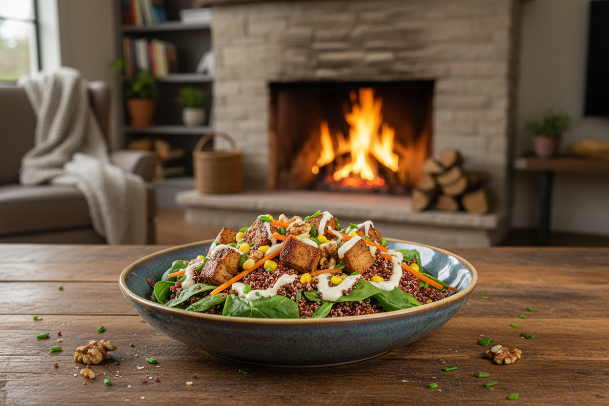 Quinoa rojo, espinacas frescas, zanahoria, seitan casero, maíz en grano, cebollinos , nueces,salsa blanca, platos bowl/ chiminea al fondo en salon muy cosi
