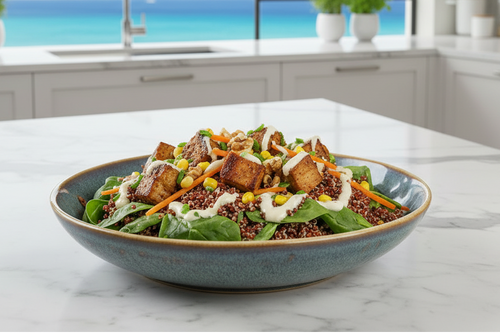 Buddha bowl vegano de quinoa, batata asada y seitán, Eatsana Marbella