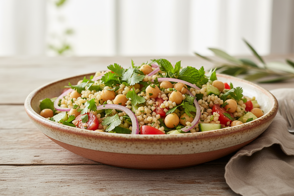 Ensalada de bulgur con Garbanzos, Bulgur, Hierbas finas (Cilantro, perejil, hierba buena), Pepino,Tomates, Cebolla,