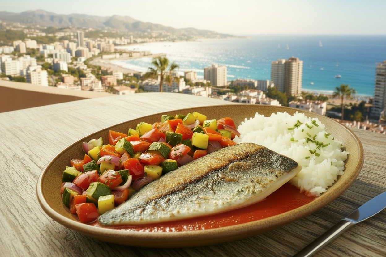 FILETE DE LUBINA, WOK DE VERDURAS, ARROZ Y SALSA DE TOMATE ESTILO BISTRÓ AL VINO BLANCO