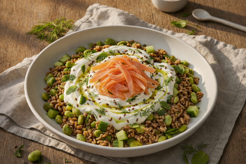 BOWL DE ARROZ INTEGRAL, HABAS FRESCAS & YOGUR CITRICO