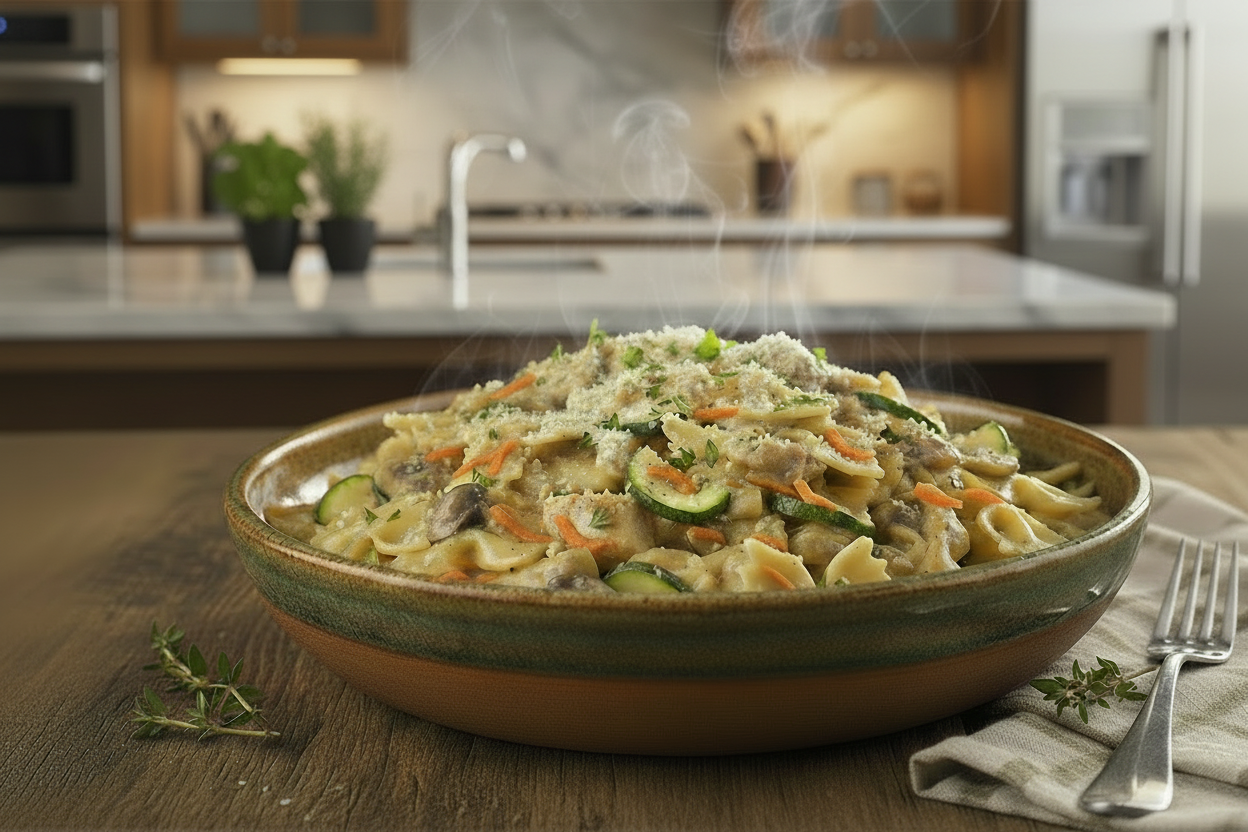 FARFALLE CON POLLO CREMOSO Y VERDURAS