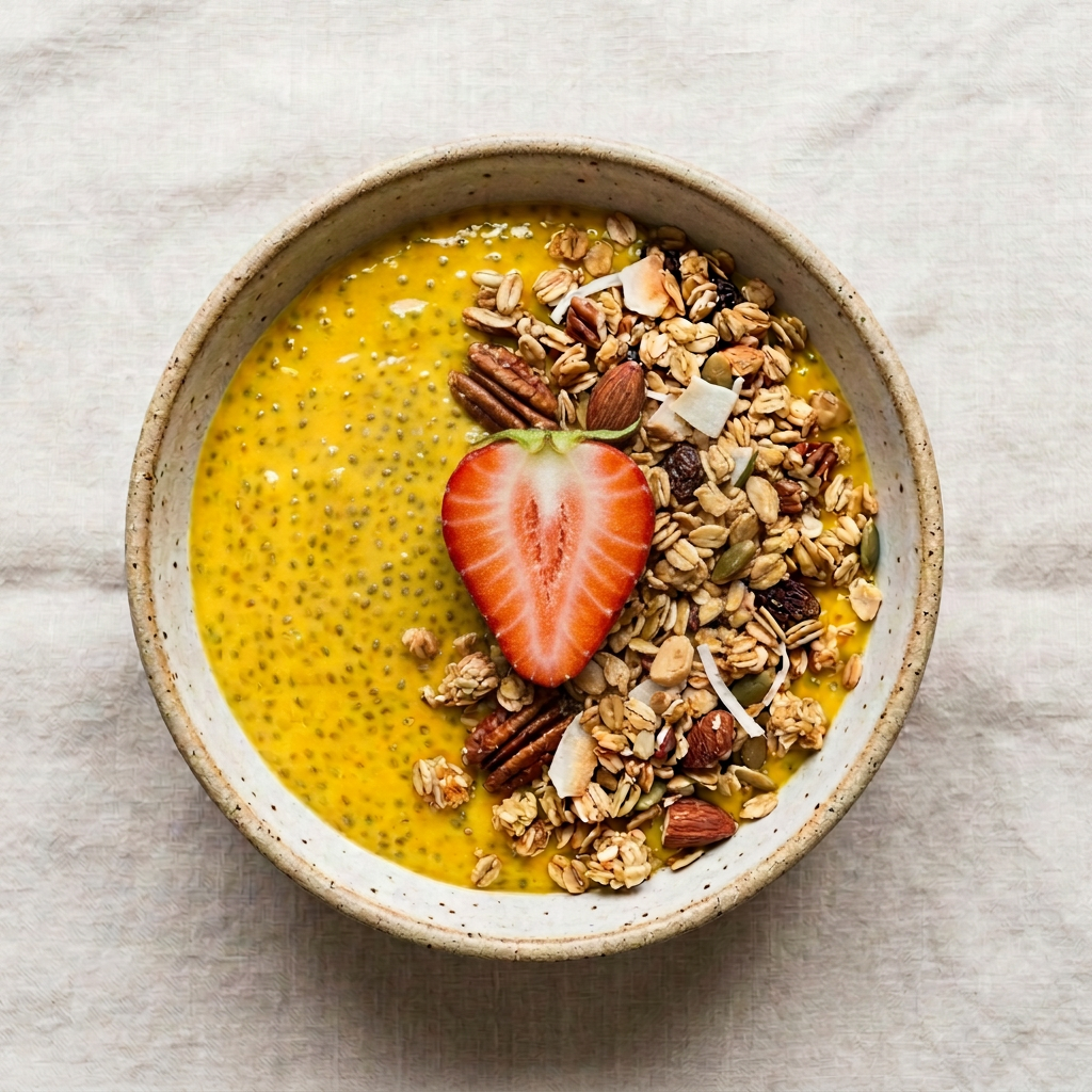 Pudding de chía y mango con coco, granola y fresa – Chia Mango Paradise EatSana