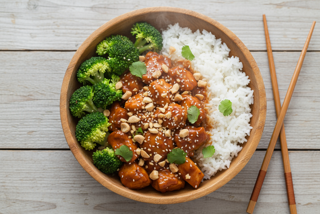 POLLO, SALSA DE CACAHUETE, BRÓCOLI Y ARROZ