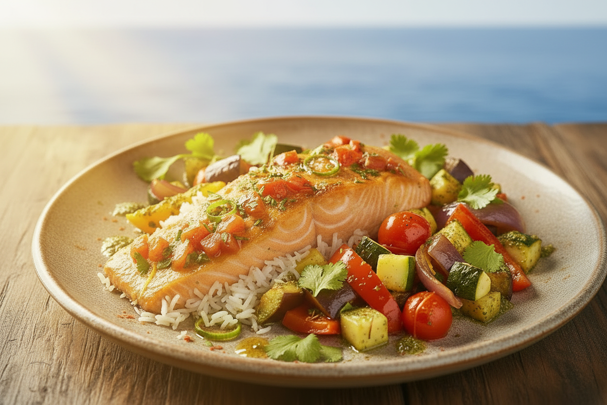 SALMÓN PROVENZAL CON SALSA VIRGEN & WOK DE VERDURAS