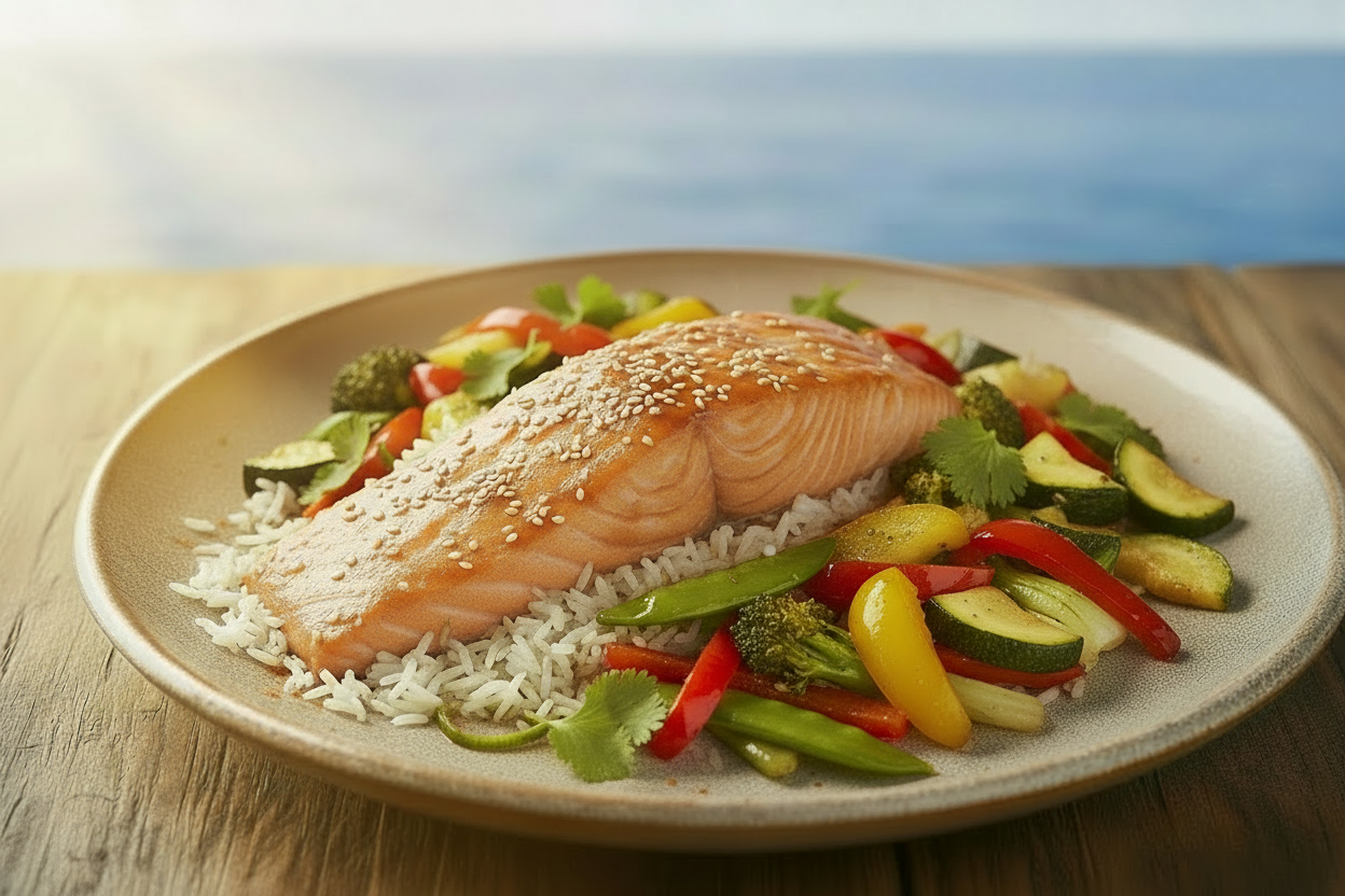 SALMÓN TERIYAKI CON WOK DE VERDURAS Y ARROZ INTEGRAL