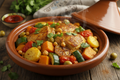 Muslo de pollo deshuesado, tomate triturado, calabaza, zanahoria, calabacín, patata, garbanzos cocidos (garbanzos, agua, sal), cebolla, ajo, aceitunas verdes deshuesadas, aceite de oliva virgen extra, ras el hanout, pimentón, cilantro, comino, cúrcuma, jengibre, canela, sal, pimienta negra, agua.