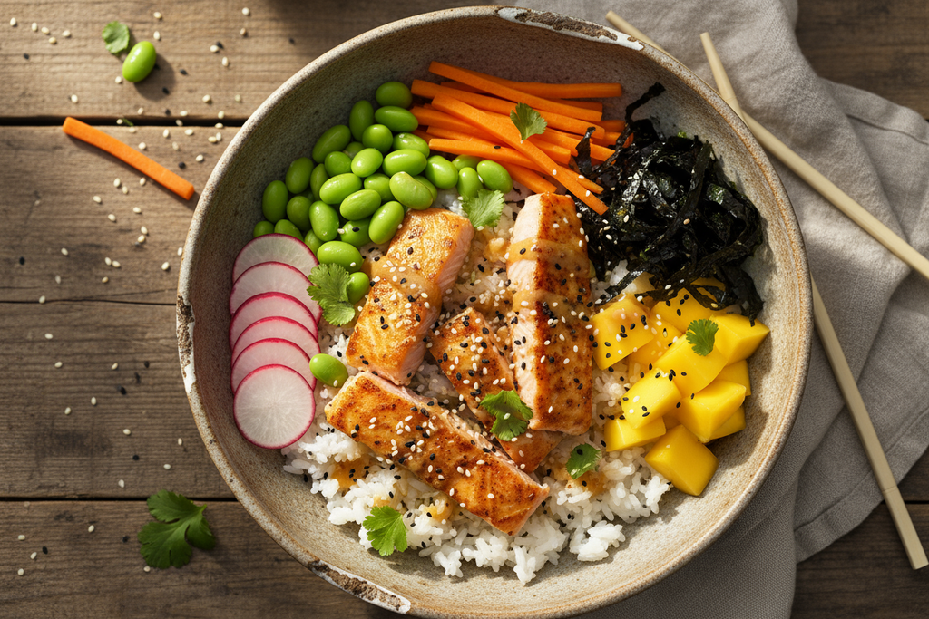 ALOHA POKE BOWL : Salmón cocido en lamina fina, arroz blanco cocido, edamame, zanahoria, alga nori seco, cilantro fresco, sésamo tostado, rábano, mango. casera