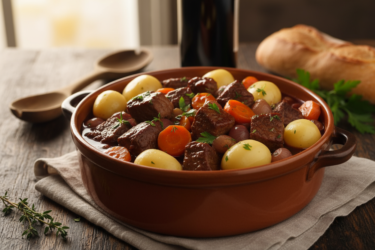 BOEUF BOURGUIGNON – trozo de ZANAHORIAS, PATATAS peladas  Y JUGO DE VINO TINTO