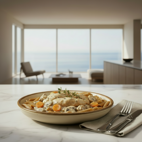 Blanquette cremosa de pollo con penne integral y zanahoria, Eatsana