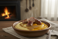 •	DÚO DE PURÉ CREMOSO – Patata y calabaza con salchicha de ave y jugo de mostaza CONFORT FOOD