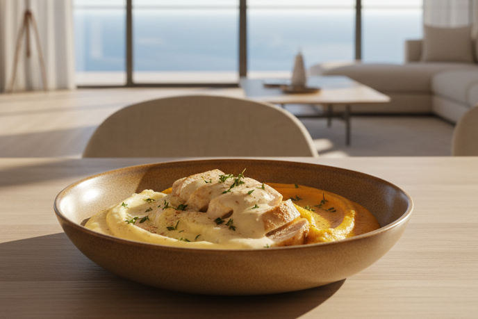 PURÉ DE PATATA Y CALABAZA, PECHUGA DE POLLO