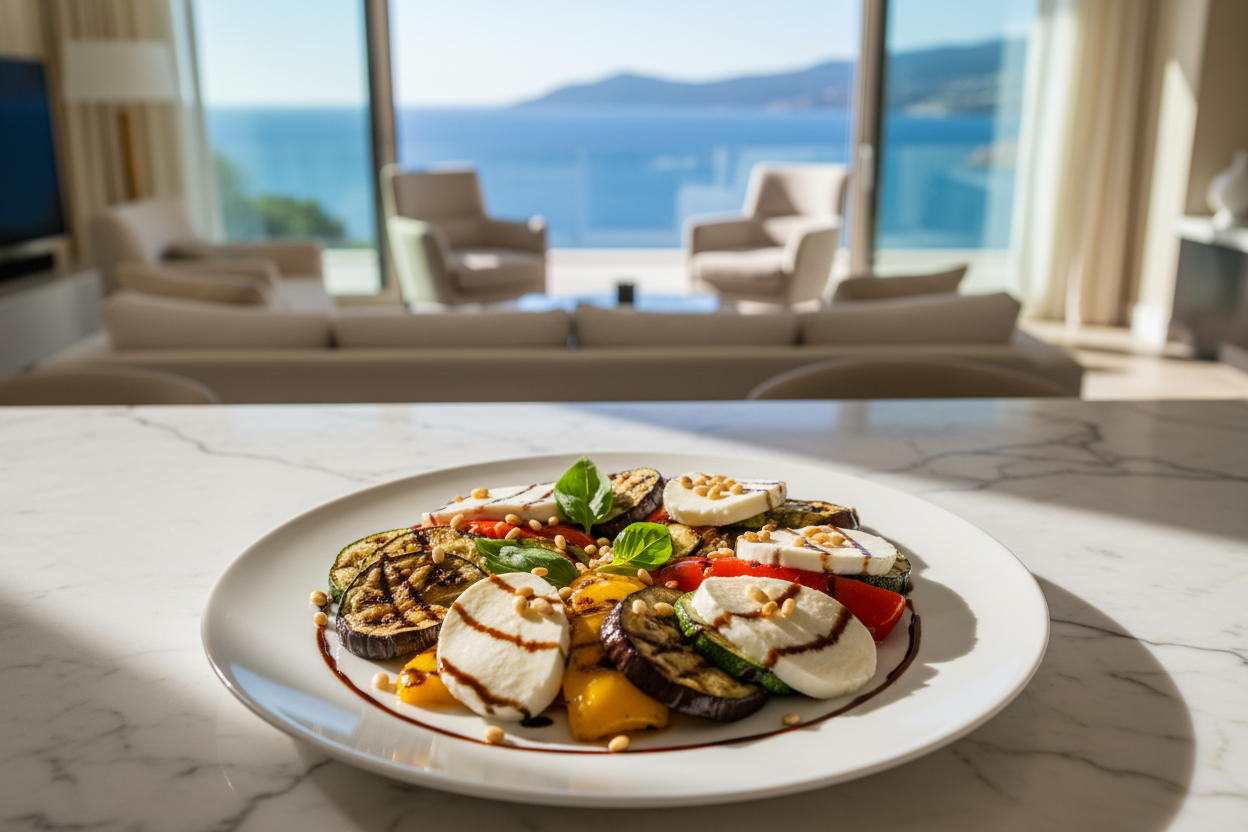MOZZARELLA FRESCA CON VERDURAS A LA BRASA Y PIÑONES