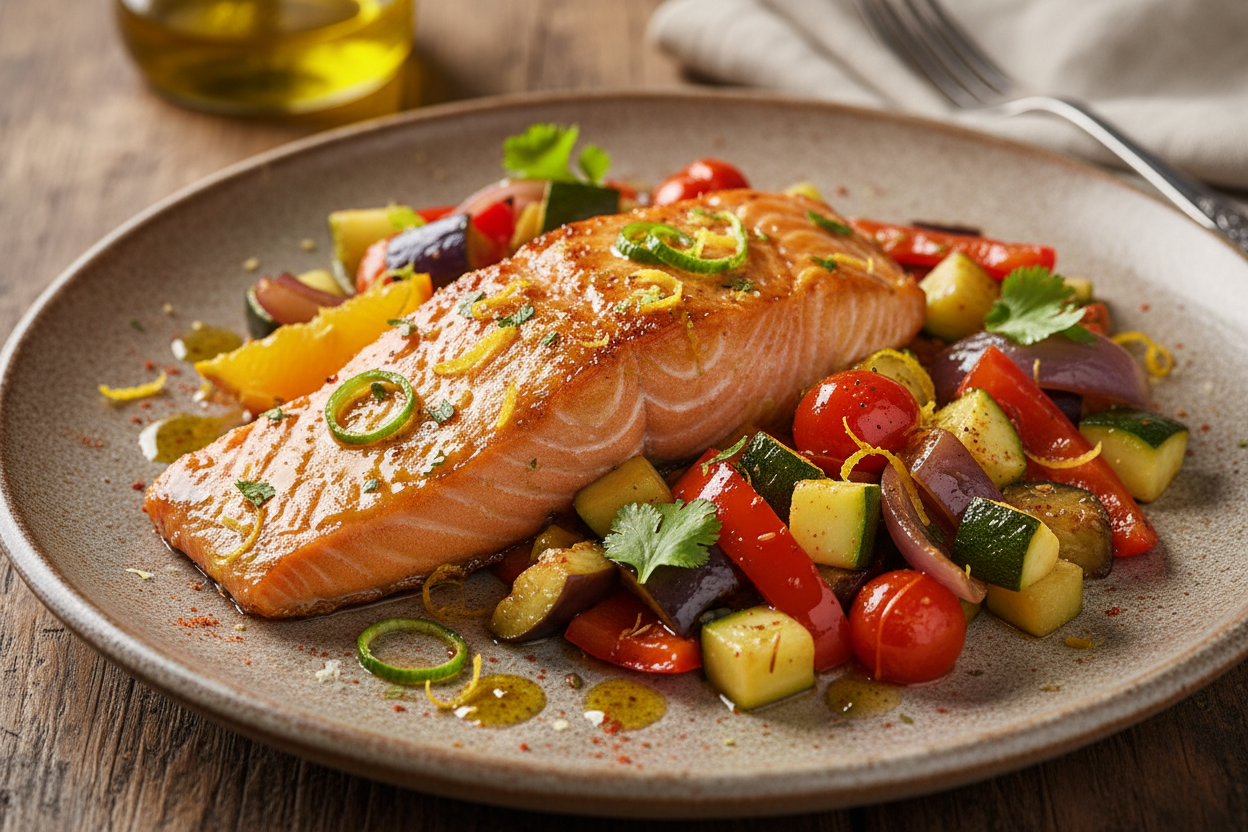 Filete de salmón (Salmo salar), verduras (calabacín, berenjena, pimiento rojo, cebolla, tomate), aceite de oliva virgen extra, glaseado cítrico (zumo de naranja, zumo de yuzu, miel, ralladura de limón), pasta de tomate, ajo, cilantro, comino, pimentón, sal, pimienta.  
