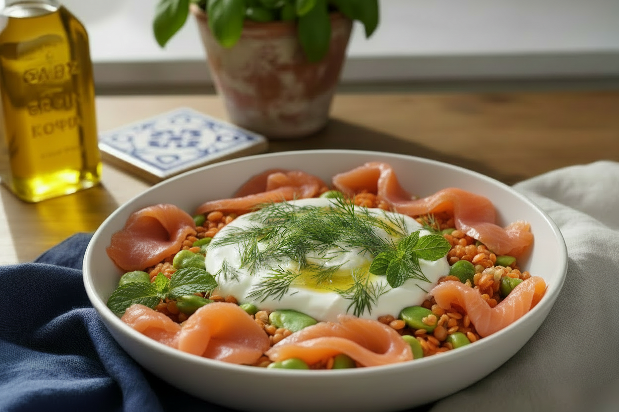 BOWL DE LENTEJAS CORAL, HABAS FRESCAS & YOGUR CITRICO