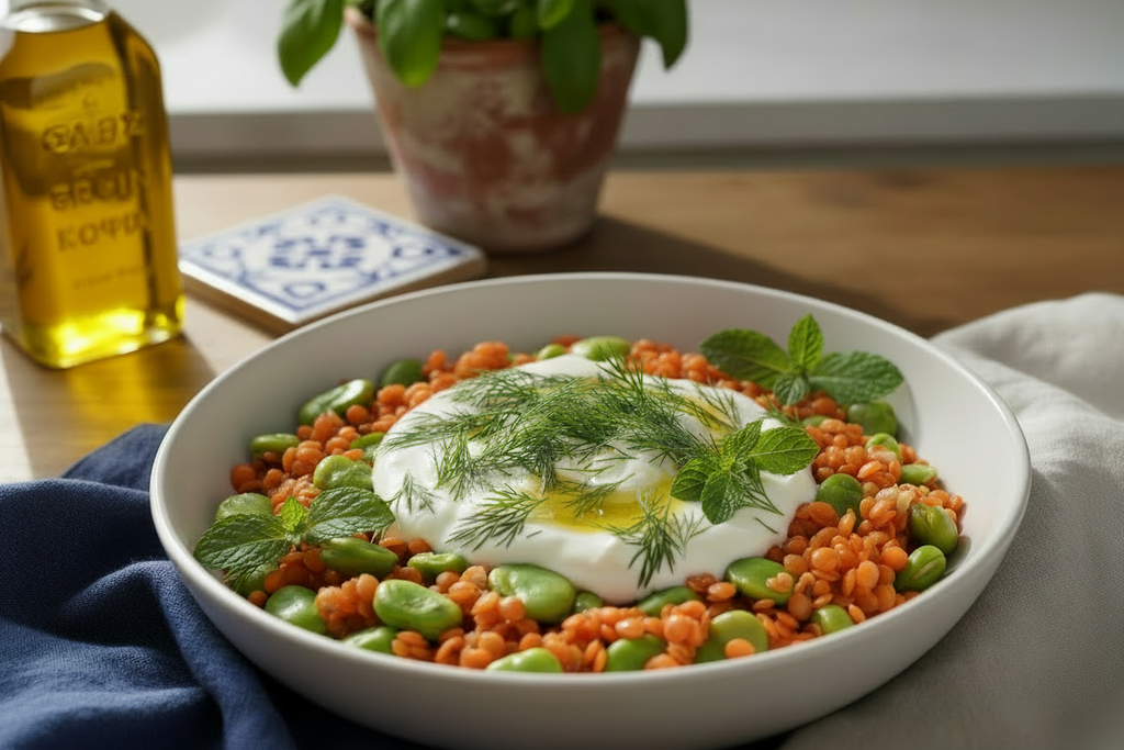 BOWL DE LENTEJAS CORAL, HABAS FRESCAS & YOGUR CITRICO