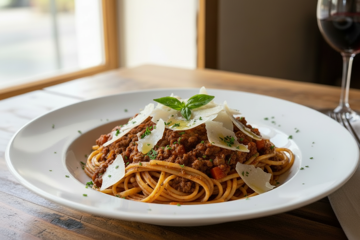 Linguini acompañados de un ragú de ternera elaborado a fuego lento con sofrito tradicional de cebolla, zanahoria, apio y ajo.