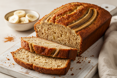 BANANA BREAD - 3 SLICES like a brown cake with a golden brown color