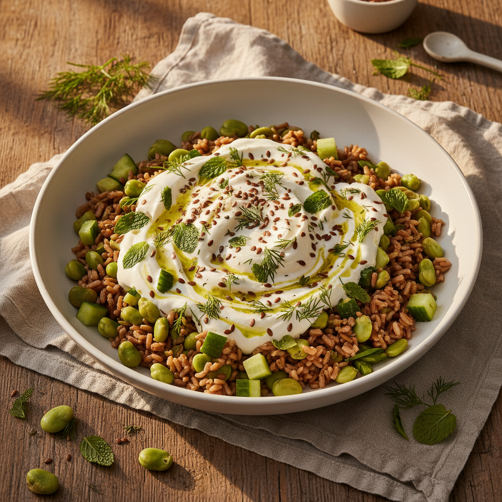 BOWL DE ARROZ INTEGRAL, HABAS FRESCAS & YOGUR CITRICO