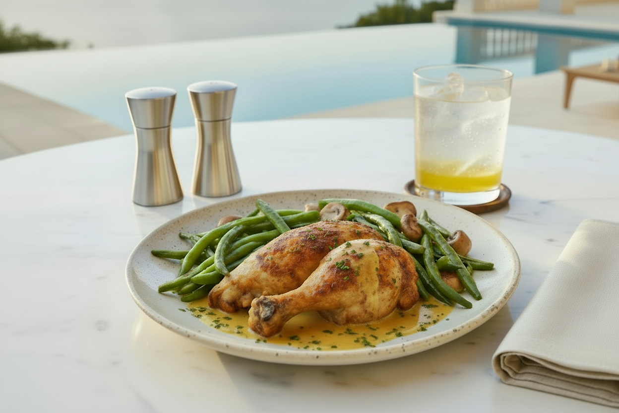 Pollo asado jugoso, ligeramente marinado con mostaza y hierbas, acompañado de champiñones salteados judías verdes tiernas.