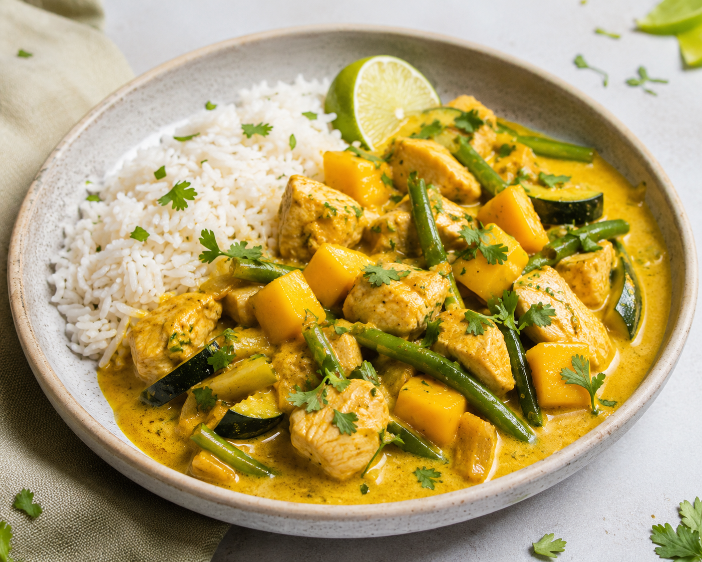 POLLO AL CURRY SUAVE CON MANGO Y LIMA