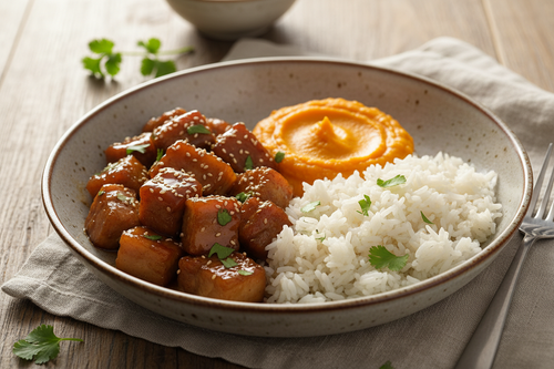 Cerdo caramelizado con puré de zanahoria y arroz al coco, Eatsana Marbella