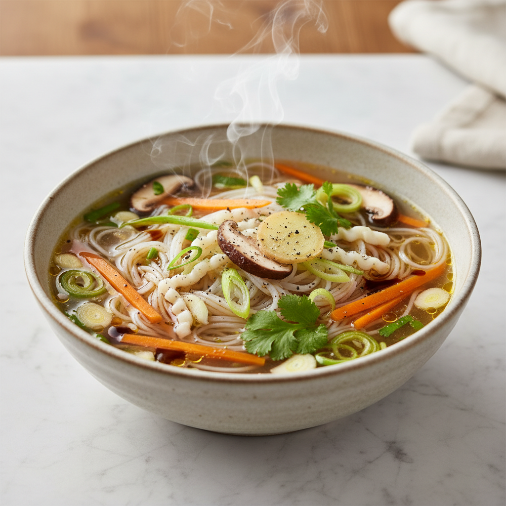 Sopa asiatica con : caldo de verduras, champiniones, clara de huevo, fideos de arroz, zanahoria, puerro, cebolla, jengibre fresco, cilantro salsa de soja, aceite de sésamo, ajo, sal, pimienta.