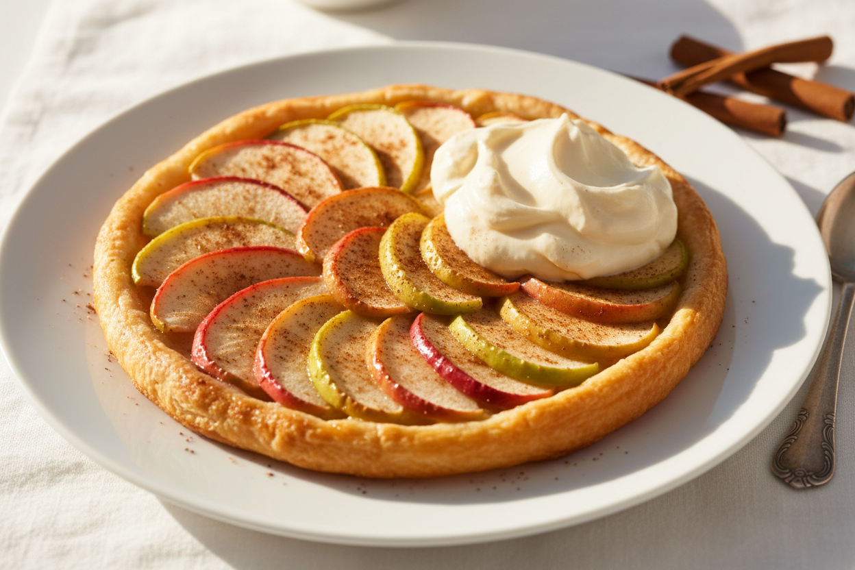 TARTA FINA DE MANZANA Y CANELA, CREMA DE MASCARPONE CON VANILLA