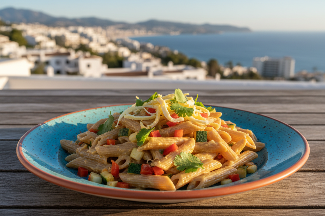 PASTA CREMOSA CON VERDURAS SALTEADAS, SALSA DE HUMMUS